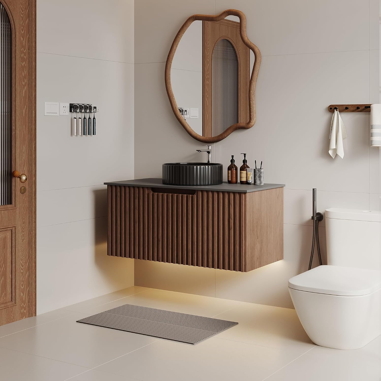 36' Floating Bathroom Vanity with Sink, Modern Wall Mounted Vanity Bathroom Storage Cabinet with Dark Gray Sintered Stone Top Black Ceramic Basin, Walnut