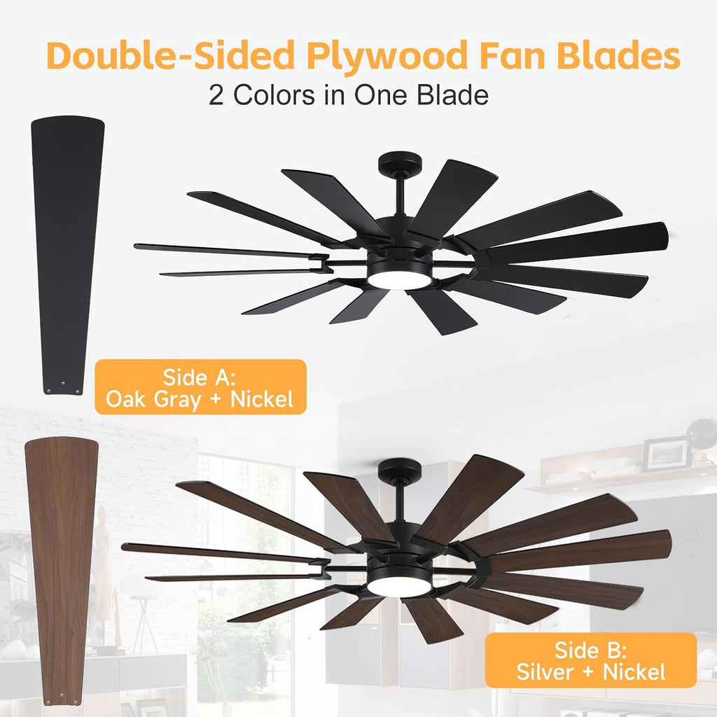 72 Inch Black Ceiling Fan with Light, 12 Dual-finish Blades Large Outdoor Ceiling Fan, Modern Industrial Cieling Fan with Reversible DC Motor, 3CCT, Dimmable LED for Garage, Patio, Indoor, Outdoor