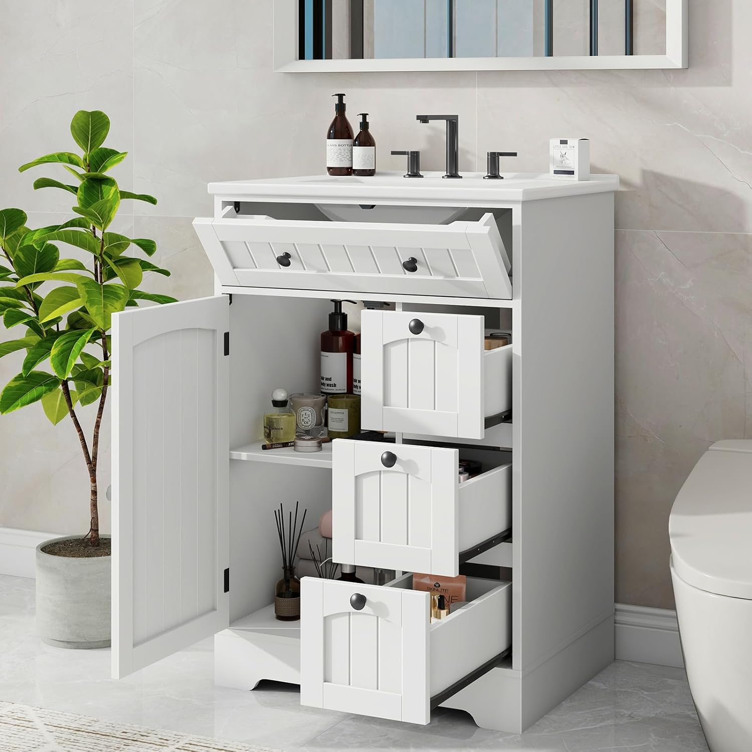 Vabches Bathroom Vanity with Sink Combo, Freestanding Bathroom Storage Cabinet with 4 Drawers and Sliding Door, Vintage Vanity Cabinet with Ceramic Sink, White