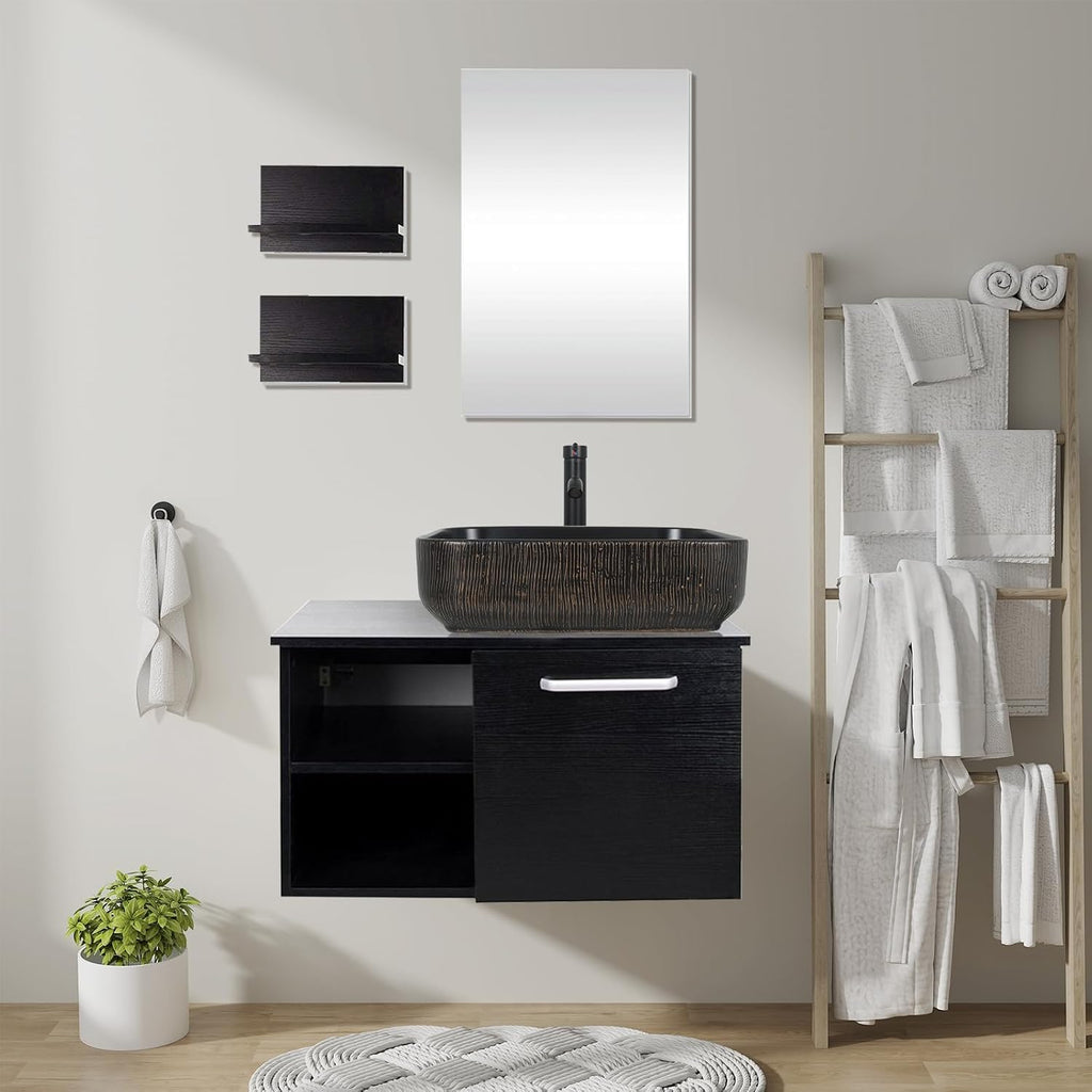 28 Inch Wall Mounted Bathroom Vanity and Ceramic Sink Combo with Mirror and ORB 1.5GPM Water Saving Faucet and Pop-up Drain Set Modern Lavatory Floating Vanity with Counter Top Sink
