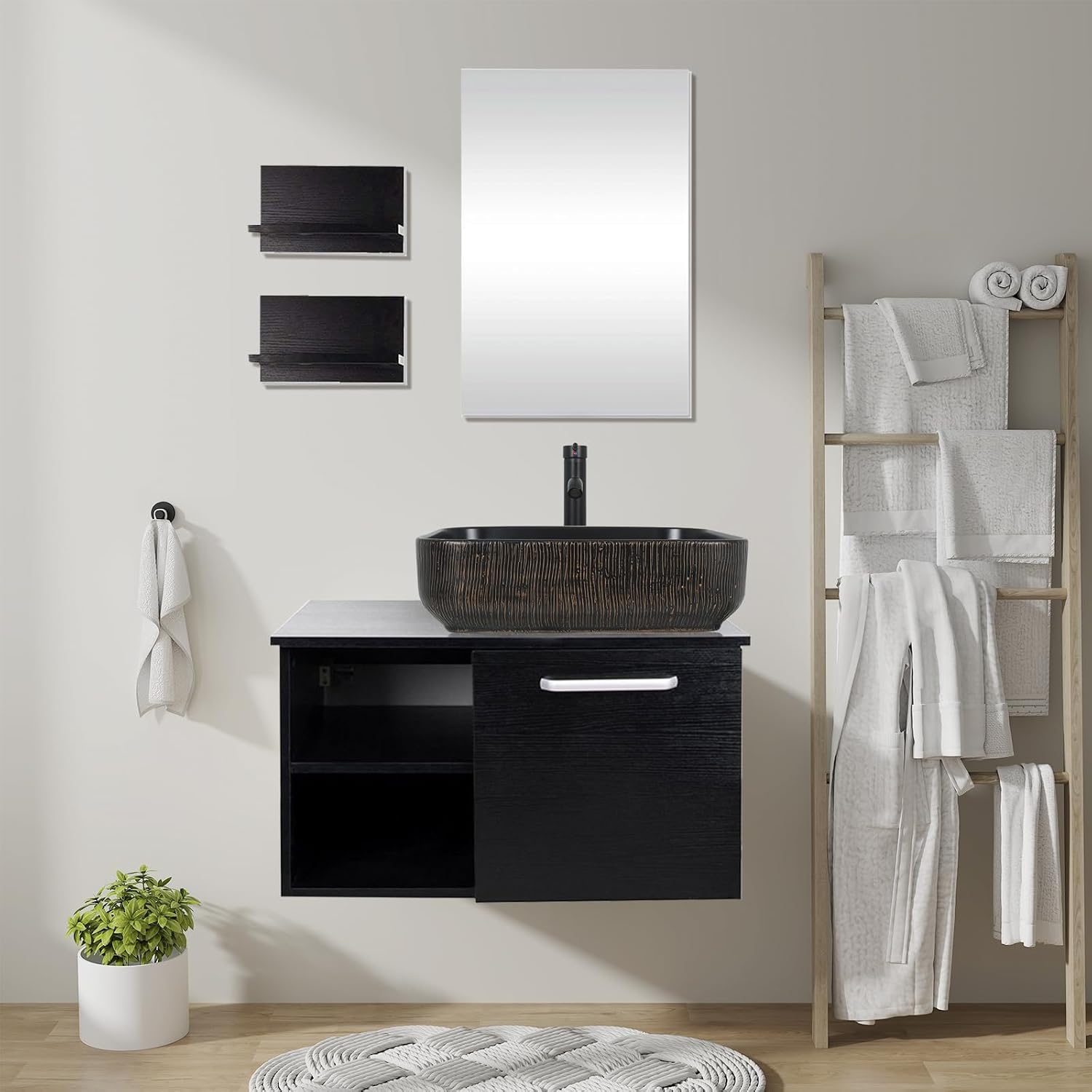 28 Inch Wall Mounted Bathroom Vanity and Ceramic Sink Combo with Mirror and ORB 1.5GPM Water Saving Faucet and Pop-up Drain Set Modern Lavatory Floating Vanity with Counter Top Sink