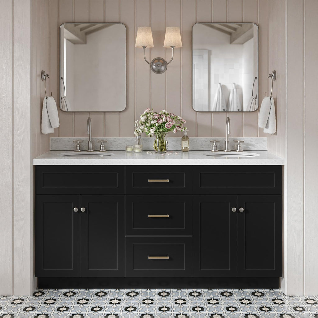 DKB Bradford 66' Black Double Bathroom Vanity, 1.5' Italian Carrara Marble Countertop, Double Oval Undermount Sinks, 2 Soft Closing Doors, 3 Dovetail Drawers, Brushed Nickel