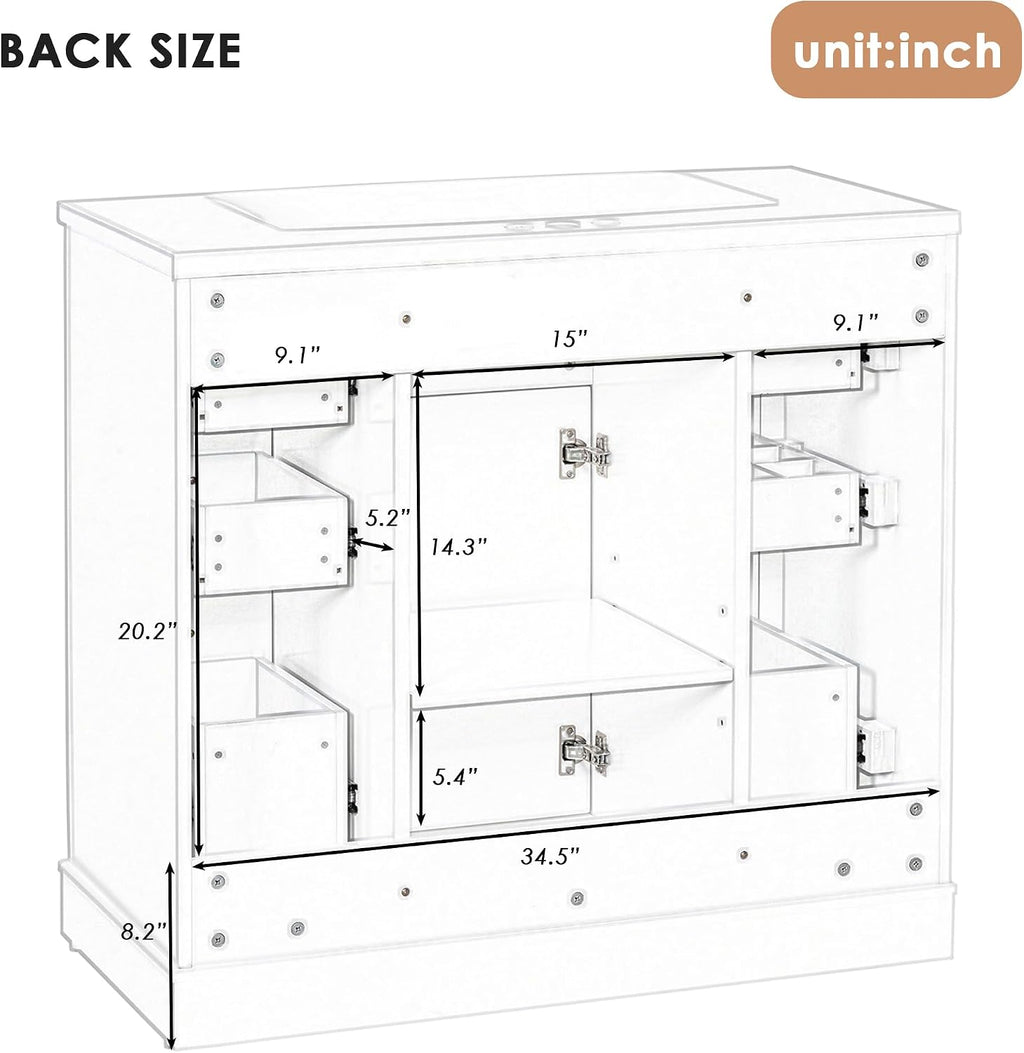 Flieks 36' Bathroom Vanity Without Sink, Cabinet Base Only, One Cabinet and Six Drawers, White