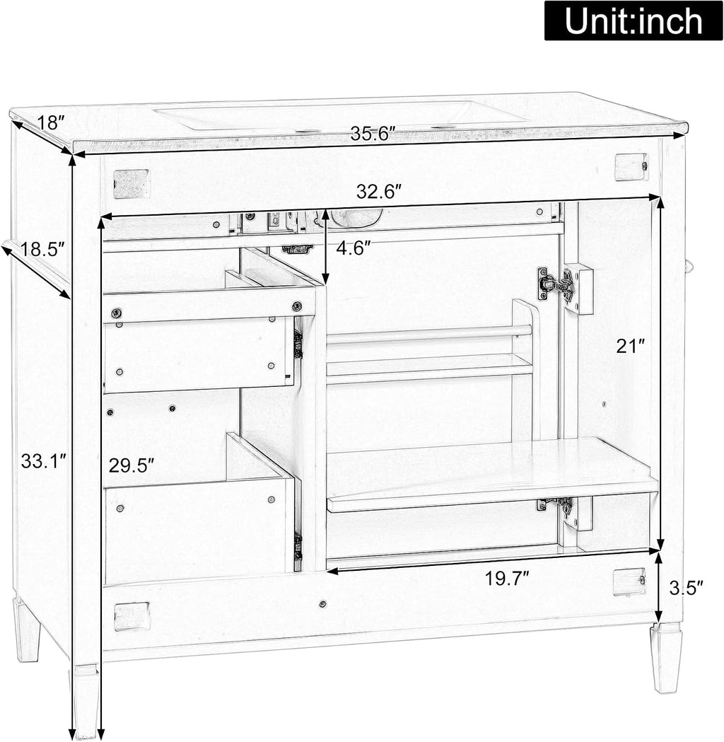 36' Bathroom Vanities Cabinet with Ceramic Sink Top, Tip-Out Drawers and Door Shelf, Soft-Closing Door, Solid Wood Legs, White