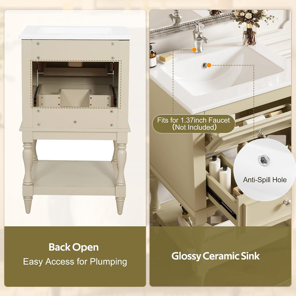 Merax Country 20' Bathroom Vanity with Sink, Farmhouse Bathroom Vanity Storage Cabinet with 2 Drawers and Open Shelf, Solid Wood Frame Bath Storage Vanity