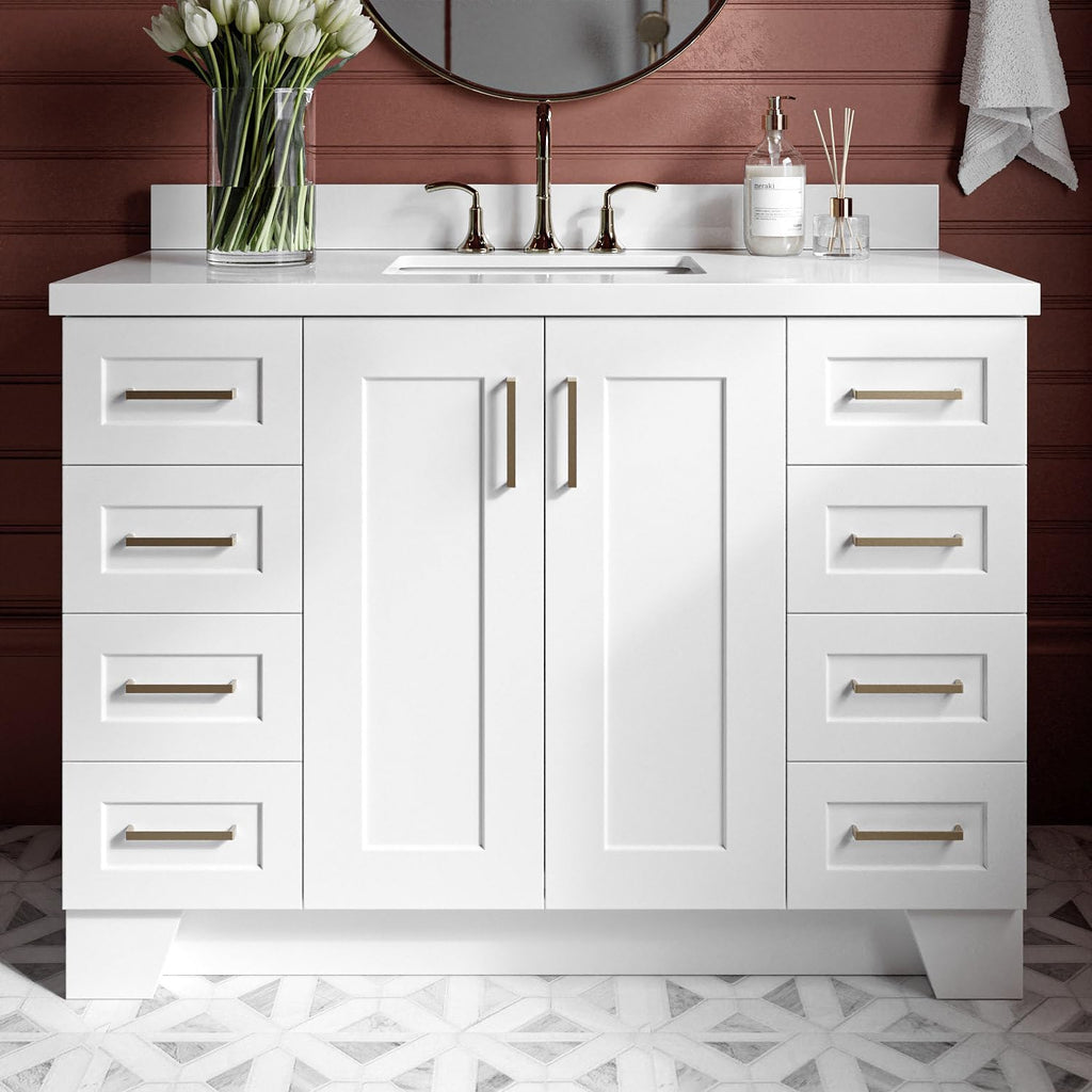 ARIEL Taylor 48-inch Bathroom Vanity with Sink,Solid Wood, 1.5-inch Pure White Quartz Countertop & Backsplash, Single Rectangular Porcelain Sink, 2 Soft Closing Doors, 9 Dovetail Drawers, White