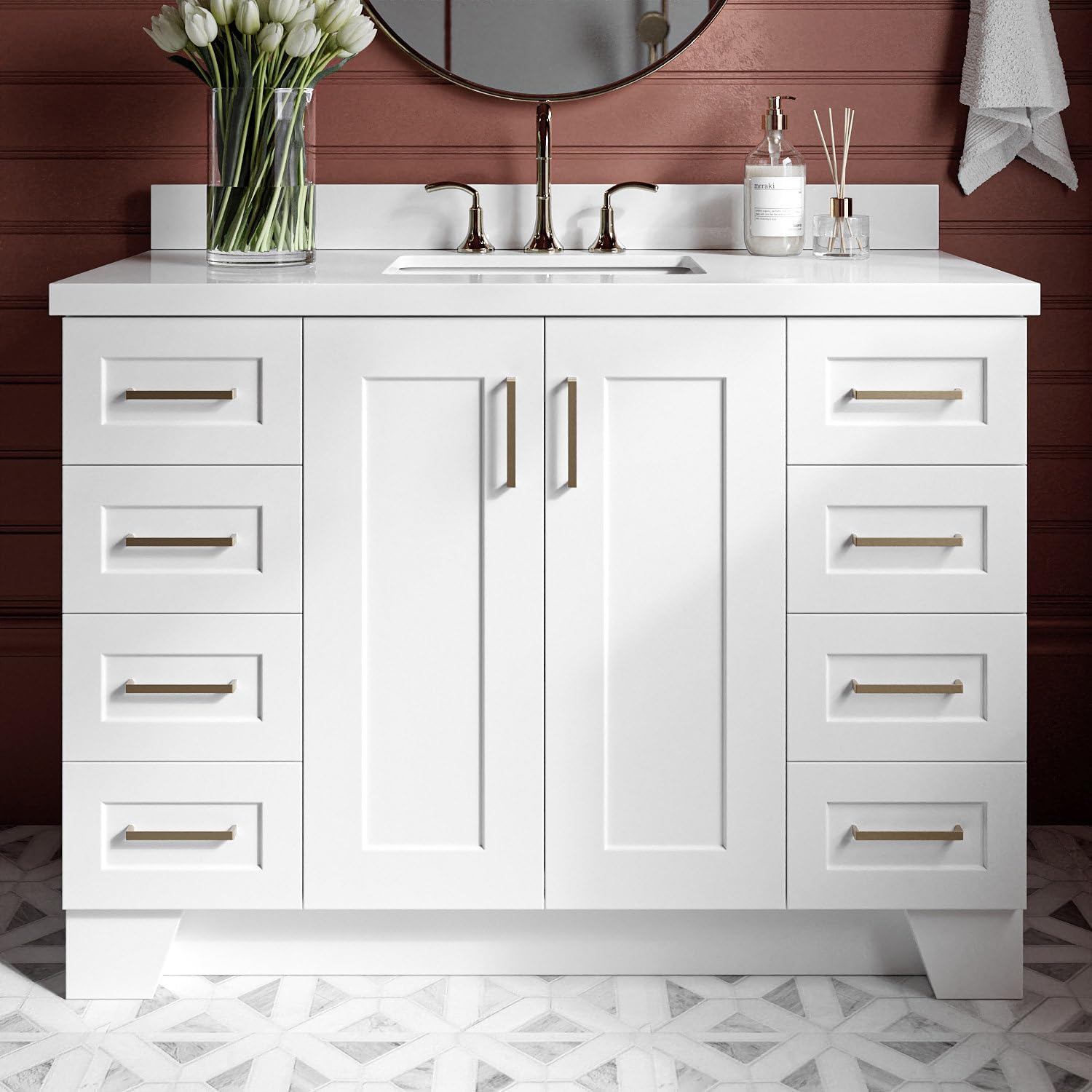 ARIEL Taylor 48-inch Bathroom Vanity with Sink,Solid Wood, 1.5-inch Pure White Quartz Countertop & Backsplash, Single Rectangular Porcelain Sink, 2 Soft Closing Doors, 9 Dovetail Drawers, White