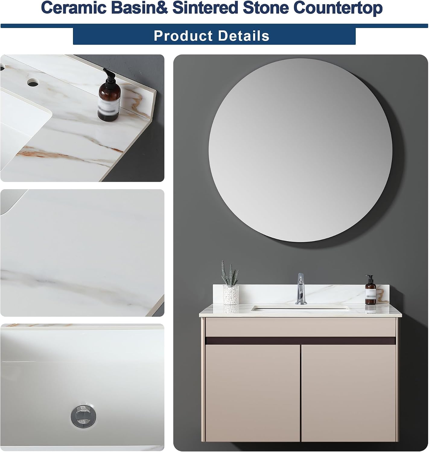 37 in Vanity Top with Sink, Marble Bathroom Vanity Top with 4' Backsplash, Pre-Drilled Faucet Single Holes, Undermount Rectangular Middle Sink, Sintered Stone Vanity Tops (Cabinet Not Included)