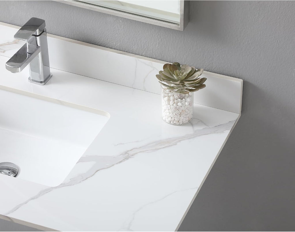 Wohh Marble Vanity Top, Bathroom Sink Countertop with Single Hole, Vanity Tops with Undermount Rectangular Ceramic Sink & Backsplash (43'' with 1 Faucet Hole)