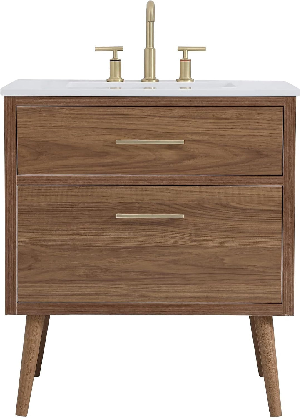 30' Pre-Assembled Bathroom Vanity with Sink, Engineered Wood, Ivory White Engineered Marble Countertop Attached, Single Rectangle Porcelain Sink, 2 Soft-Close Drawers, Walnut Brown
