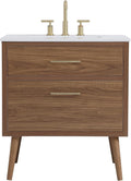 30' Pre-Assembled Bathroom Vanity with Sink, Engineered Wood, Ivory White Engineered Marble Countertop Attached, Single Rectangle Porcelain Sink, 2 Soft-Close Drawers, Walnut Brown
