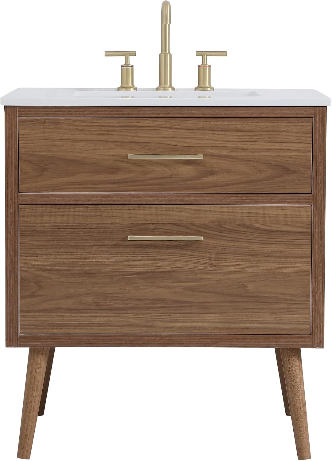 30' Pre-Assembled Bathroom Vanity with Sink, Engineered Wood, Ivory White Engineered Marble Countertop Attached, Single Rectangle Porcelain Sink, 2 Soft-Close Drawers, Walnut Brown