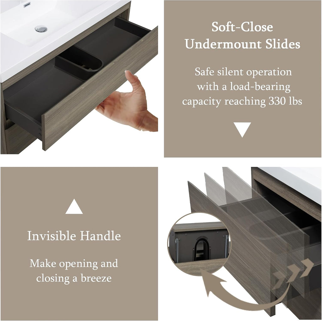 42' Floating Bathroom Vanity with Sink, Wall Mounted Bathroom Storage Vanity Cabinet with Solid Top Basin and Soft Close Drawers, Ash Grey