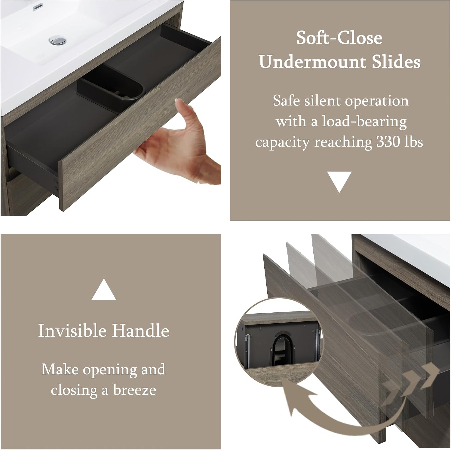 42' Floating Bathroom Vanity with Sink, Wall Mounted Bathroom Storage Vanity Cabinet with Solid Top Basin and Soft Close Drawers, Ash Grey