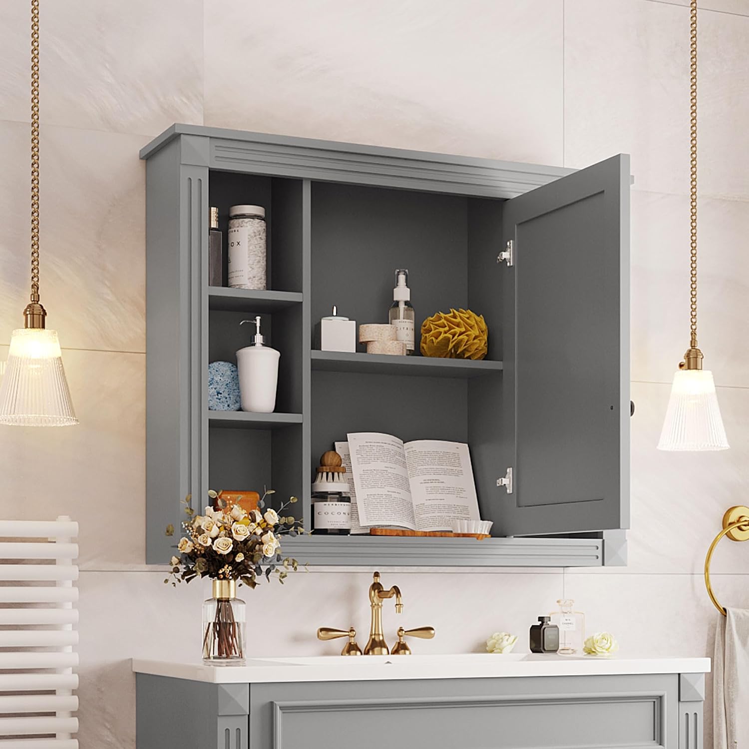 Virubi Bathroom Medicine Cabinet with Mirror, 35' W x 27.5' H Wall Cabinet with Door and Adjustable Shelves, Over Toilet Storage Cabinet, Wall-Mounted Bathroom Mirrors for Over Sink
