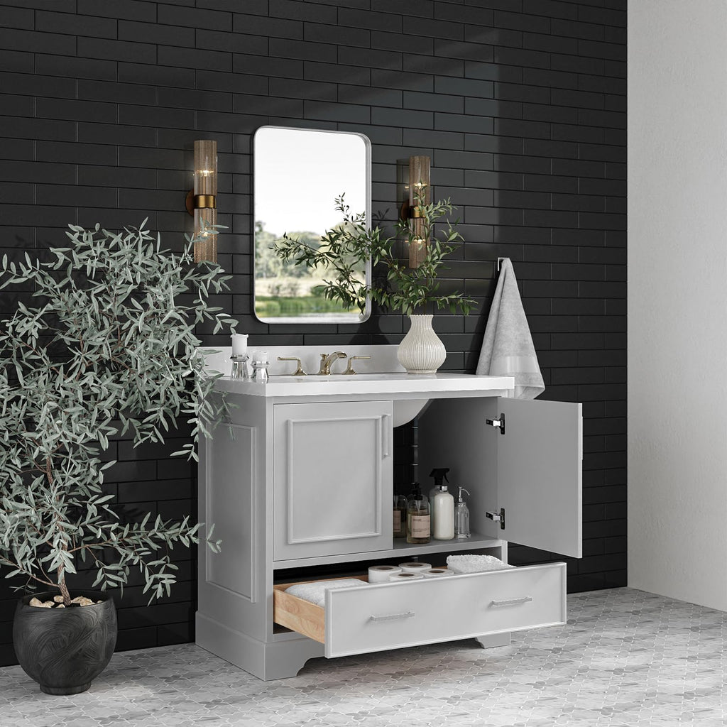 ARIEL Stafford 36-inch Bathroom Vanity with Sink,Solid Wood, 1.5-inch Pure White Quartz Countertop, Single Rectangular Porcelain Sink, Soft Closing Doors, Dovetail Drawers, Grey