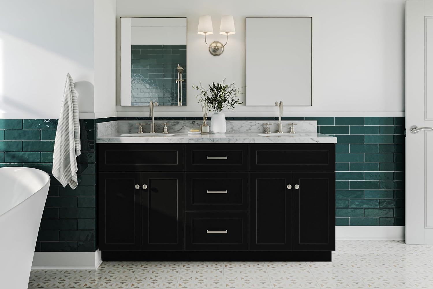 ARIEL Hamlet 66-inch Bathroom Vanity with Sink,Solid Wood, 1.5-inch Italian Carrara Marble Countertop & Backsplash, Double Oval Porcelain Sink, 4 Soft Closing Doors, 3 Dovetail Drawers, Black