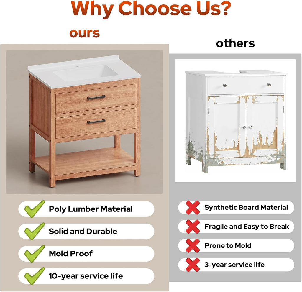 30 Inch Poly Lumber Bathroom Vanity with Sink Combo, Waterproof Freestanding Cabinet, SMC Resin Countertop with 2 Drawers & Open Storage Shelf, Adjustable Feet, Zinc-Alloy Handles, Teak Color