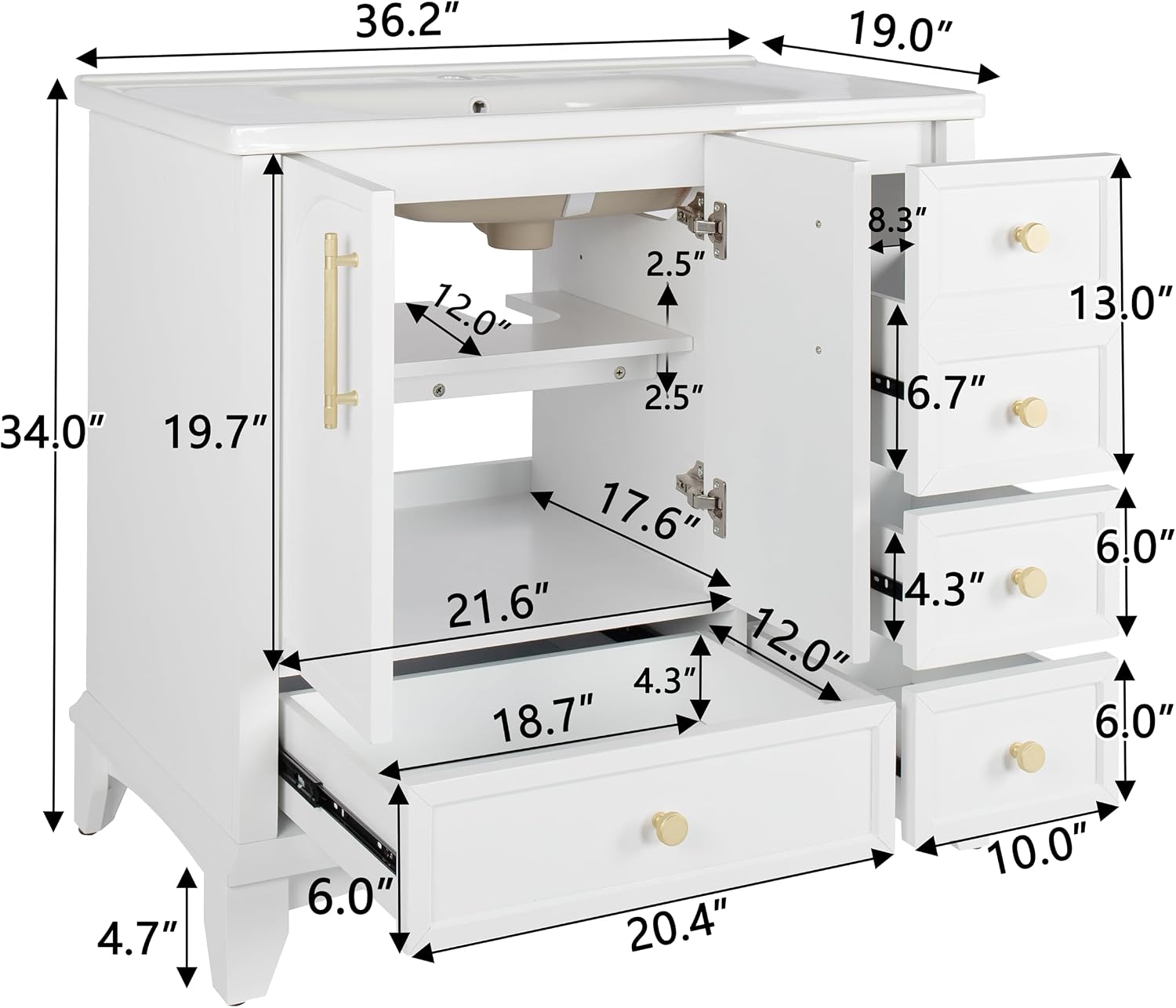 36 inch Bathroom Vanity with Sink Combo, Mid Century Modern Freestanding Bathroom Cabinet with Integrated Ceramic Sink, 4 Storage Drawers, 2 Soft Closed Doors, Adjustable Shelves, Golden Handle, White