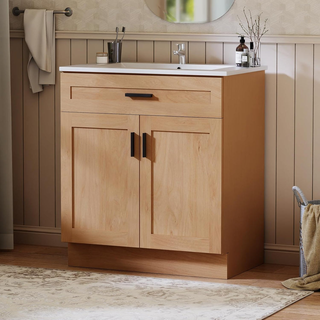 30 Inch Bathroom Vanity with Sink, Modern Storage Cabinet, Contains White Sink and Soft-Closing Door, Spacious Bathroom Storage Space (Nature with Sink, 30 Inch)