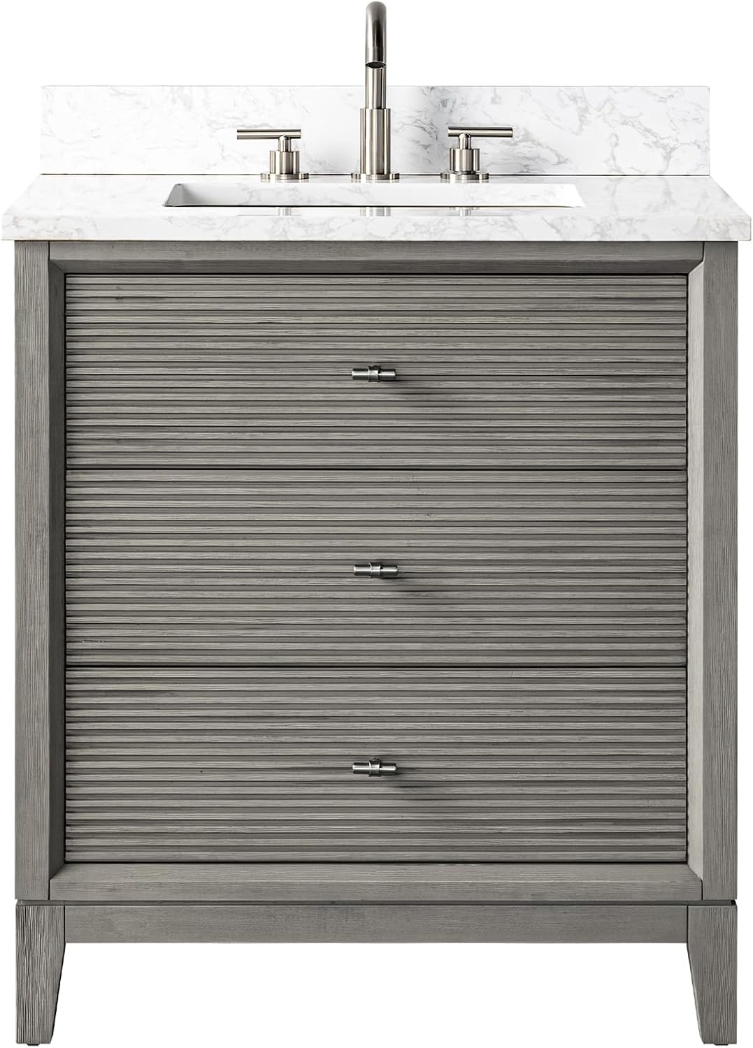 Vanity Art 30' Bathroom Vanity with Single Sink & Arabescato White Engineered Stone Top, Vanity Cabinet with Soft Closing Door, Solid Wood Frame, Brushed Nickel Handles, Driftwood Gray VA8130-DG-BN