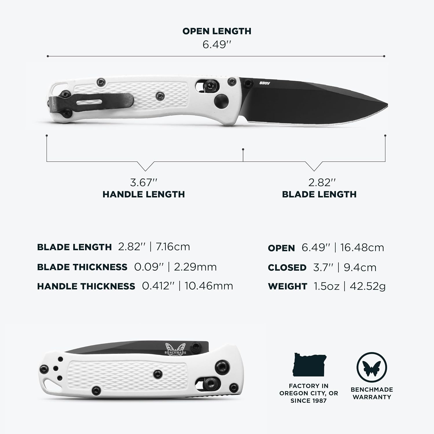 Benchmade - Mini Bugout, Outdoor, EDC Folding Knife, Drop-Point Blade with White Givory Handle (533BK-1)