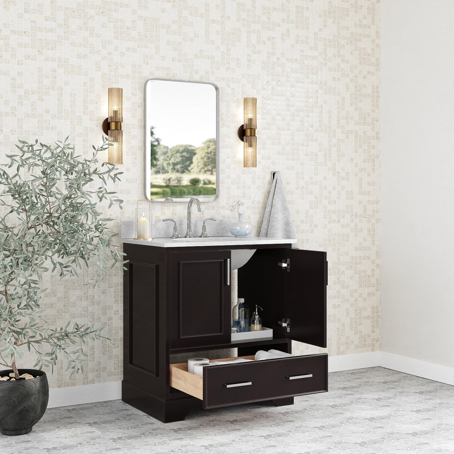 ARIEL Stafford 30-inch Bathroom Vanity with Sink,Solid Wood, 0.75-inch Italian Carrara Marble Countertop & Backsplash, Single Oval Porcelain Sink, 2 Soft Closing Doors, 1 Dovetail Drawers, Espresso