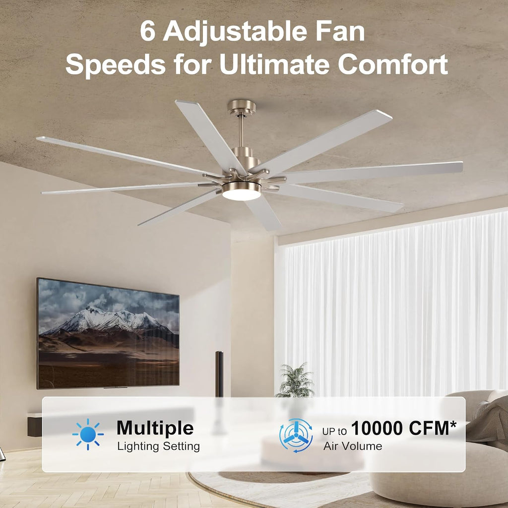 84 Inch Large Size With Light Kit & Remote Control 8 PCS Blades Ceiling Fan 3 Color Dimmable Led Dc Motor Reversible 6 Speed Quiet Remote Control Ceiling Fan For Living Room Bedroom Indoor Nickel