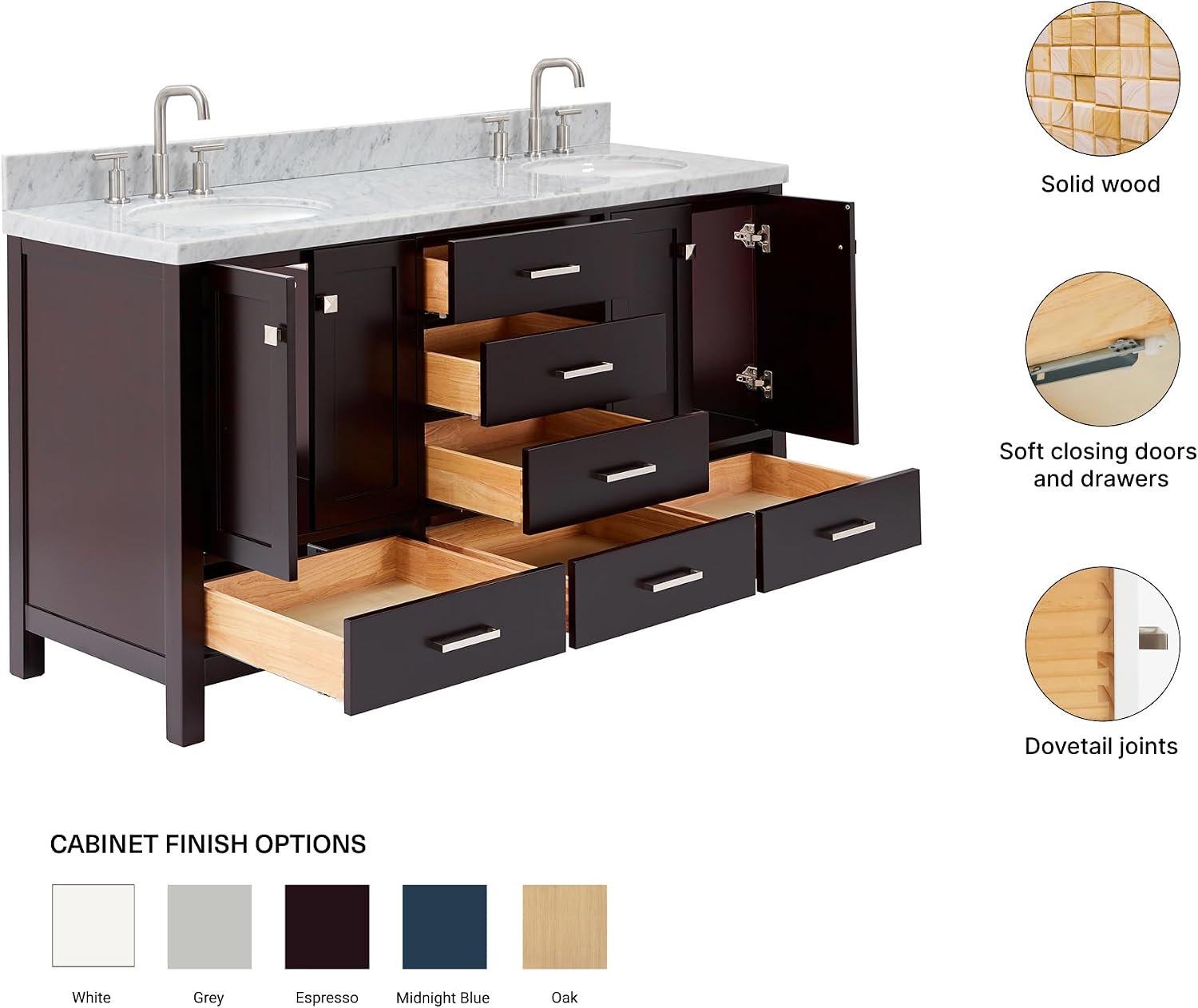 ARIEL Cambridge 66-inch Bathroom Vanity with Sink,Solid Wood, 1.5-inch Italian Carrara Marble Countertop & Backsplash, Double Oval Porcelain Sink, 4 Soft Closing Doors, 6 Dovetail Drawers, Espresso