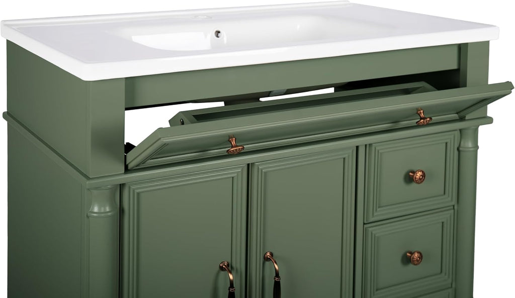 36 inch Bathroom Vanity with Sink, Freestanding Bathroom Vanity Cabinet with Ceramic Sink, Flip Top Drawer, 2 Large Capacity Drawers, Soft Closing Doors, Adjustable Shelf, Round Column Base, Green