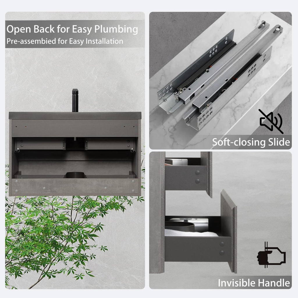 36' Floating Bathroom Vanity with Sink, Modern Wall-Mounted Bathroom Storage Vanity Cabinet with Black Quartz Sand Top Basin and Soft Close Drawers