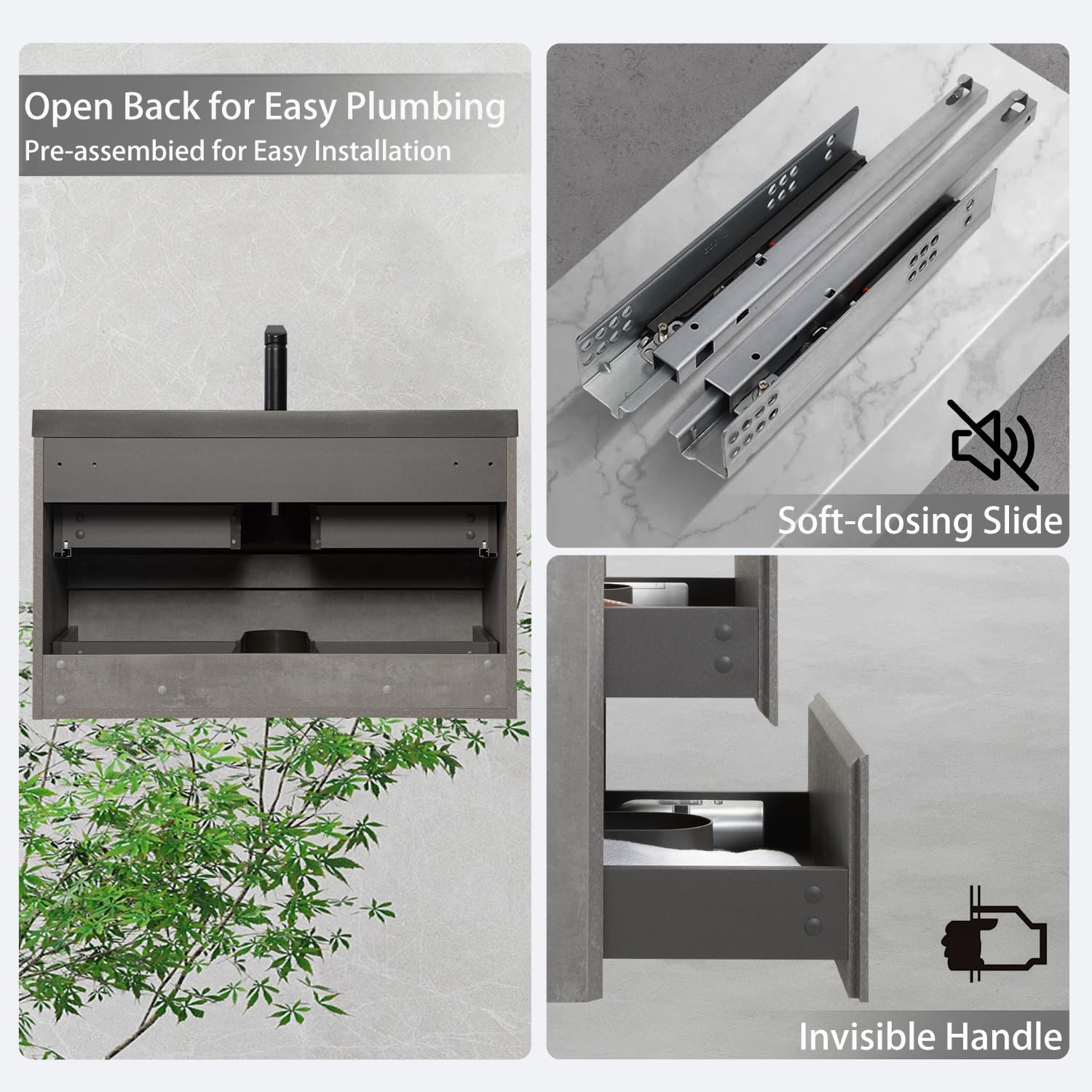 36' Floating Bathroom Vanity with Sink, Modern Wall-Mounted Bathroom Storage Vanity Cabinet with Black Quartz Sand Top Basin and Soft Close Drawers