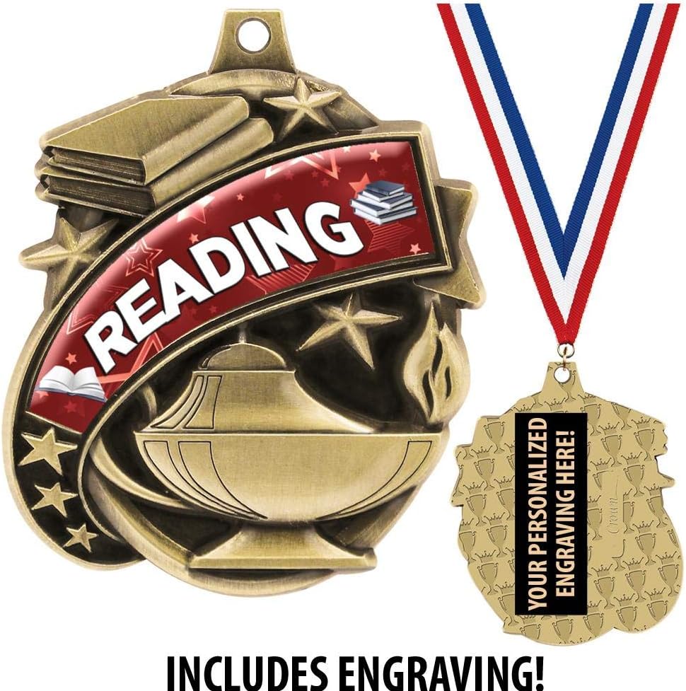 Reading Medals - 1 1/2' Gold Kids Reading Medal, Great Academic Awards with Custom Engraving Prime