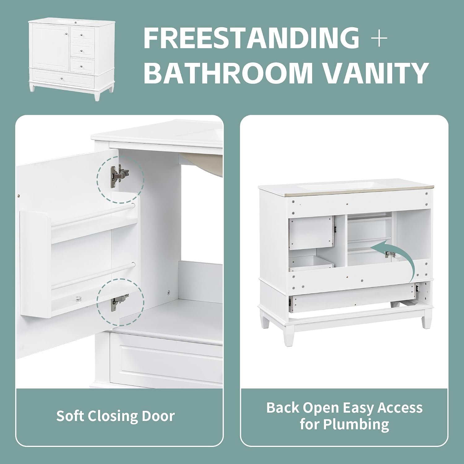 Mirightone 36' Vanity with Sink, Bathroom Vanities 36 Inch with Sink, Single Sink Bathroom Vanity with Door Shelf and Three Drawers, Restroom Vanity with Sink Top (White)