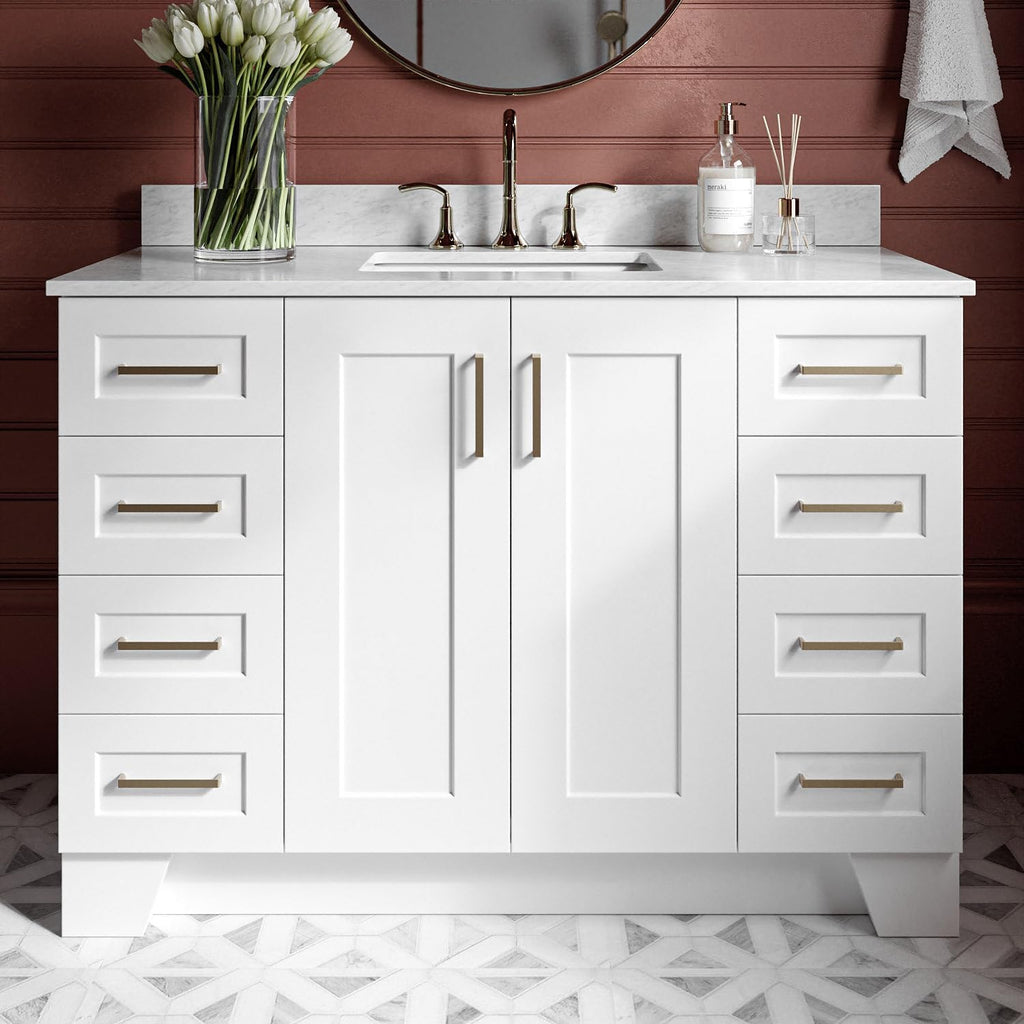 ARIEL Taylor 48-inch Bathroom Vanity with Sink,Solid Wood, 0.75-inch Italian Carrara Marble Countertop, Single Rectangular Porcelain Sink, 2 Soft Closing Doors, 9 Dovetail Drawers, White