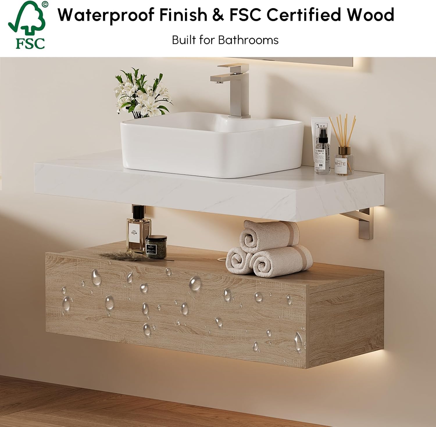 homary 35' Floating Bathroom Vanity with Sink, Wall Mounted Bathroom Vanity with Sintered Stone Countertop, Ceramic Vessel Sink, 1 Drawer Storage, Modern Bathroom Cabinet for Small Bathroom, Natural