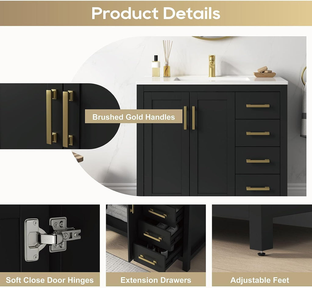36 Inch Bathroom Vanity with Sink, Black Single Sink Bathroom Vanity with Adjustable Feet, Modern Bathroom Sink Cabinet with Soft-Closing Doors & Drawers, Integral Top