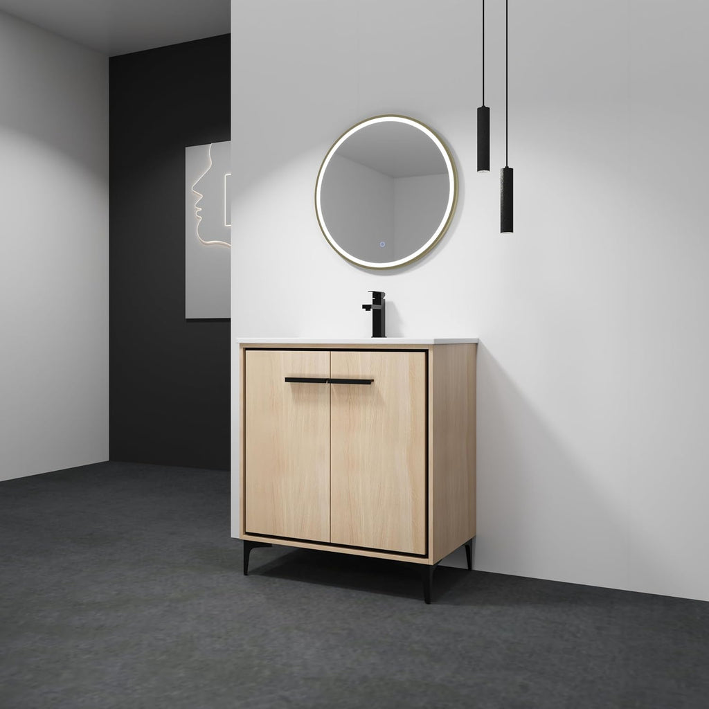 30 Inch Bathroom Vanity with Sink, Freestanding Single Sink Bathroom Vanity with Soft Closed Doors, Integrated Sink, Engineered Wood Bathroom Sink Vanity (Oak)