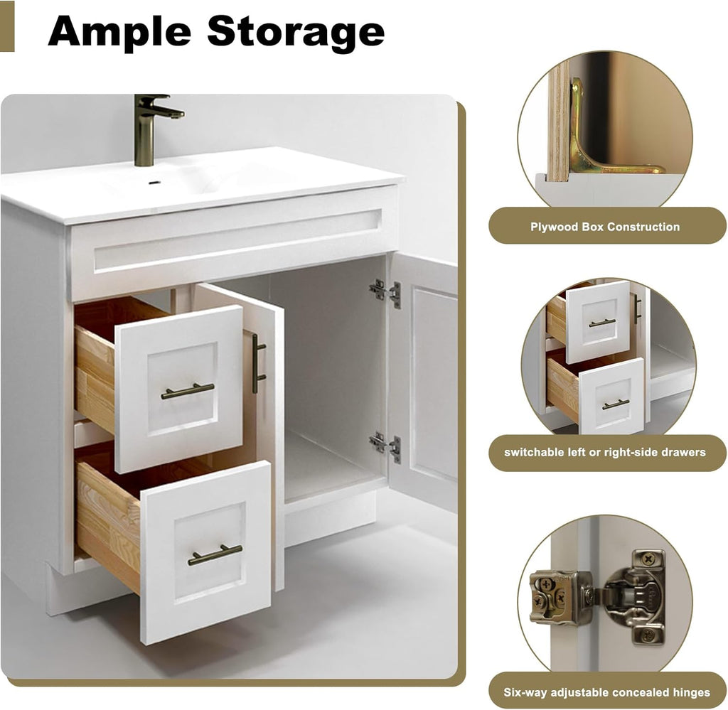 White Shaker Bathroom Vanity Sink Base with Drawers 36' Ready-to-Assemble Cabinet