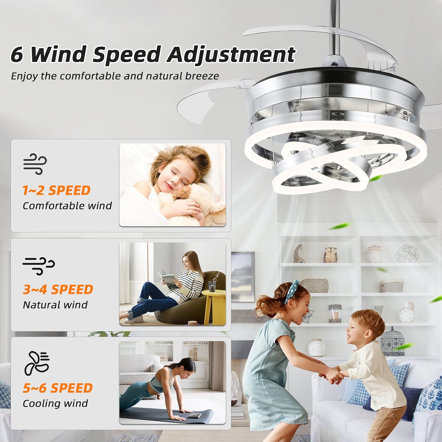 36 Inch Retractable Ceiling Fan with Lights,Dimmable,6 speeds,DC Motor,Modern DIY Ceiling Fan with Lights Remote Control for Bedroom Living Room Kitchen (Silver, 36 inch)