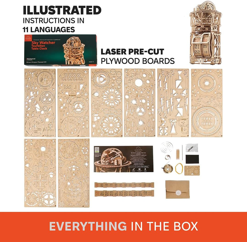 UGEARS Astronomer Table Clock with Tourbillon - 3D Wooden Puzzles for Adults Model Kit - Mechanical Clock Kit Functional DIY Wood Model Kits for Adults, 3D Puzzle for Puzzle Lovers