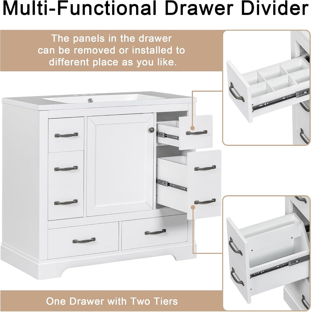 36' Bathroom Vanity Without Sink, Base Only,Six, Solid Wood Cabinets Basin Vessel Set w/Drawer Divider,Adjustable Shelf,Water, Stain Proof,White