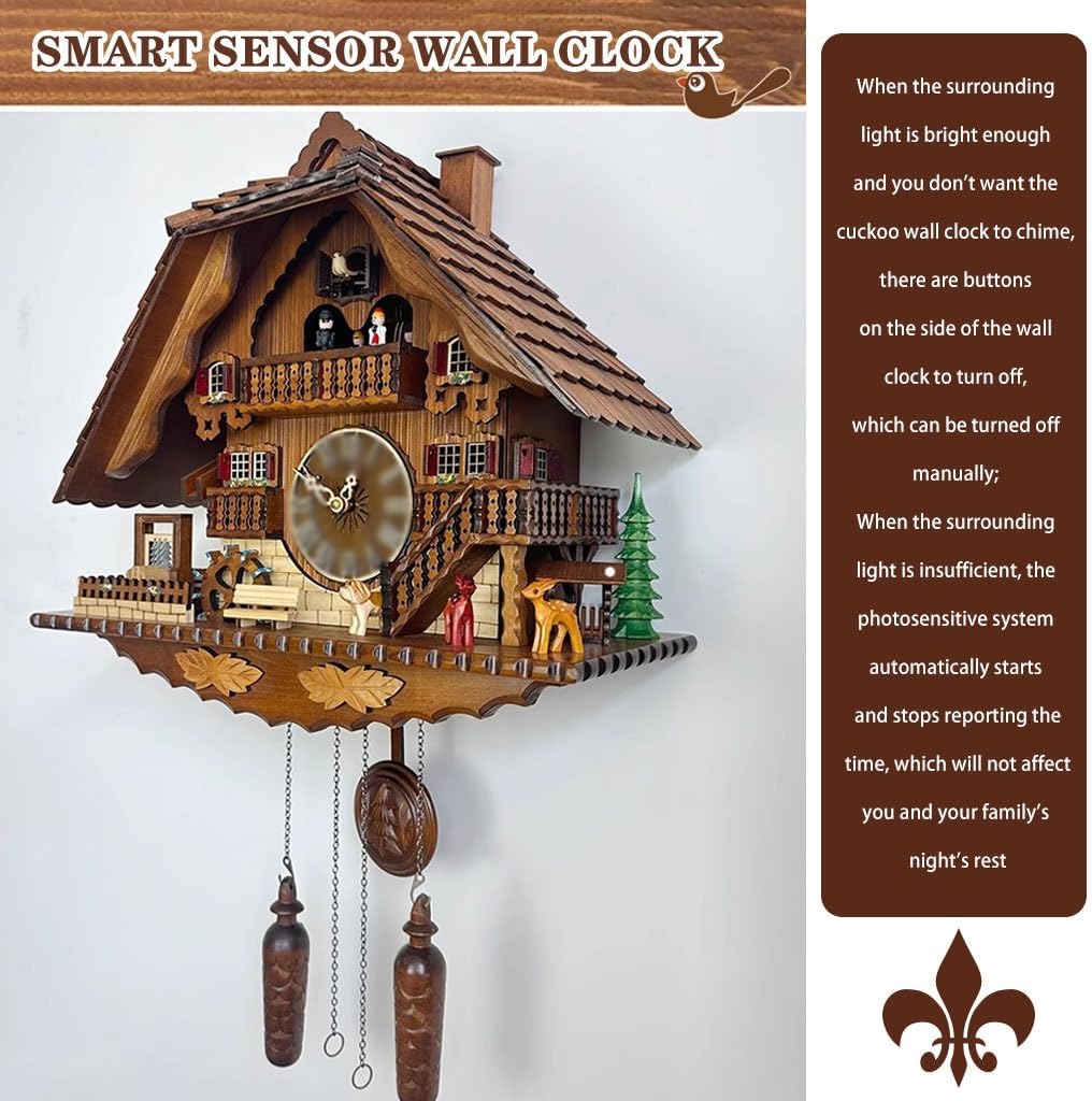 Cuckoo Clocks Exquisite Hand-Carved Cuckoo Clock, Living Room Wall Clock with Pendulum, Quartz Movement Wooden Wall Clock, Roman Dial/Arabic Dial (Color : Brown, Size : Arabic Dial)