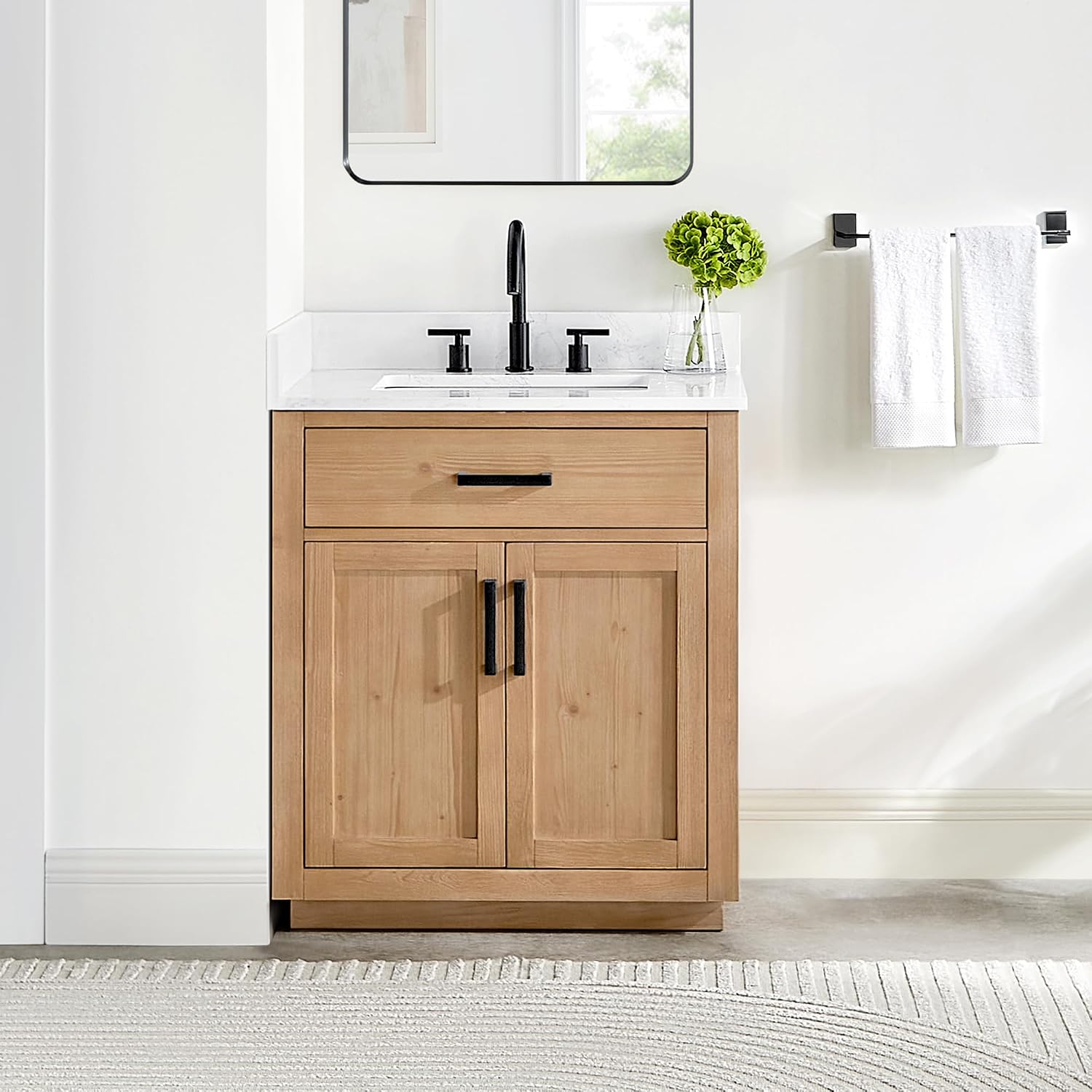 Altair Design Gavino 30' Wood Vanity in Light Brown White Engineered Stone Top no Mirror