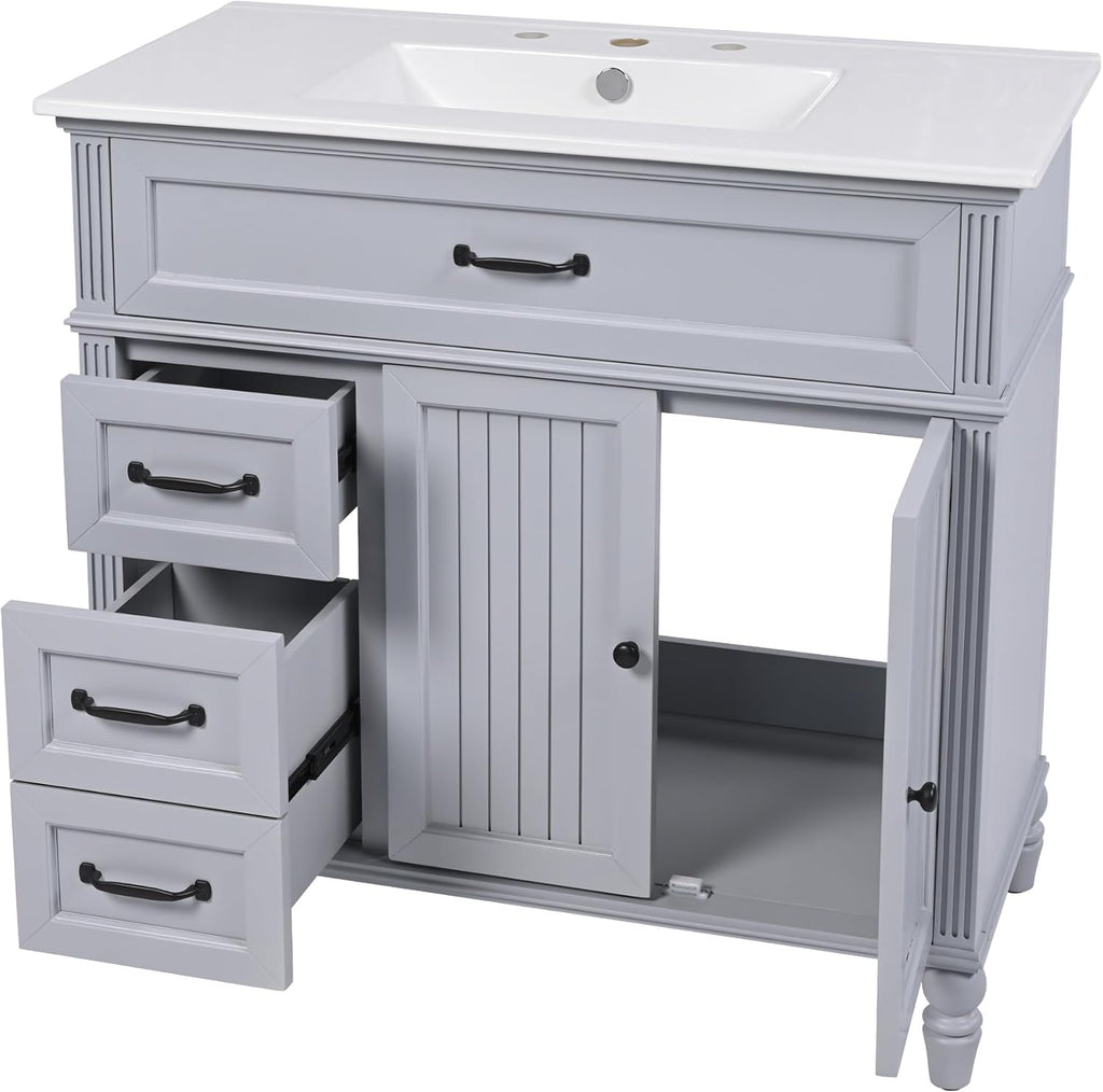 Harper & Bright Designs 36' Bathroom Vanity with Sink, Free Standing Single Basin Vanity Set with 2 Drawers & 2 Doors, Solid Wood Bathroom Cabinet with Ceramic Basin for Bathroom, Grey