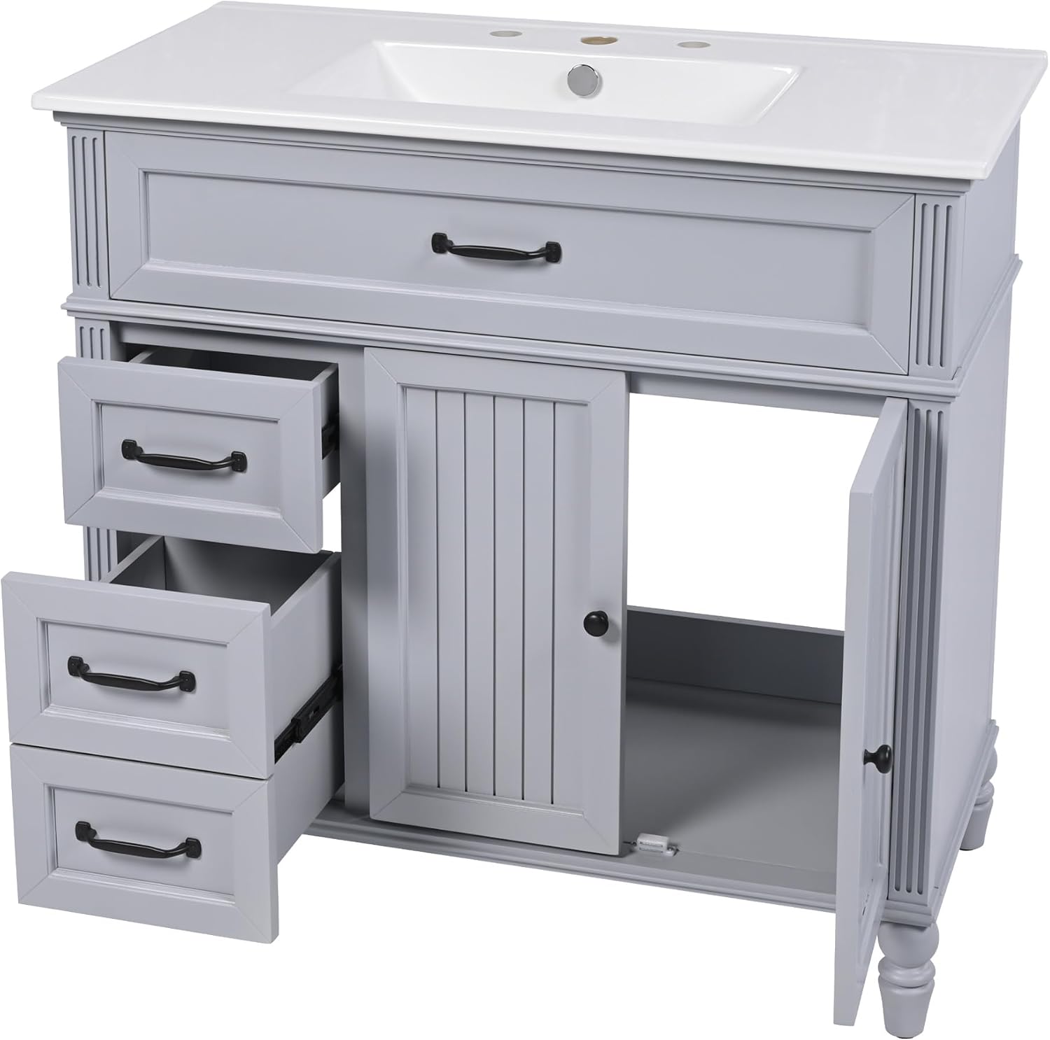 Harper & Bright Designs 36' Bathroom Vanity with Sink, Free Standing Single Basin Vanity Set with 2 Drawers & 2 Doors, Solid Wood Bathroom Cabinet with Ceramic Basin for Bathroom, Grey