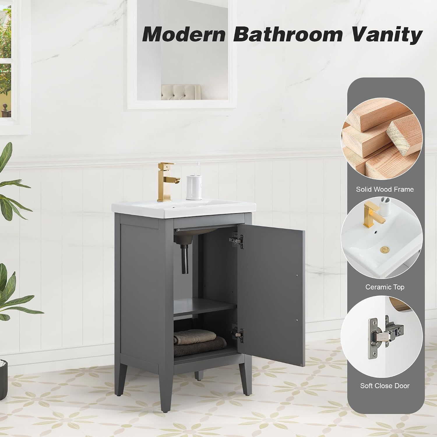 HOMEBEYOND 20 Inch Bathroom Vanities with Sink & Ceramic Top, Single Vanity Cabinet with Basin, Solid Wood Frame, Soft-Closing Doors & Golden Brushed Hardware, Grey