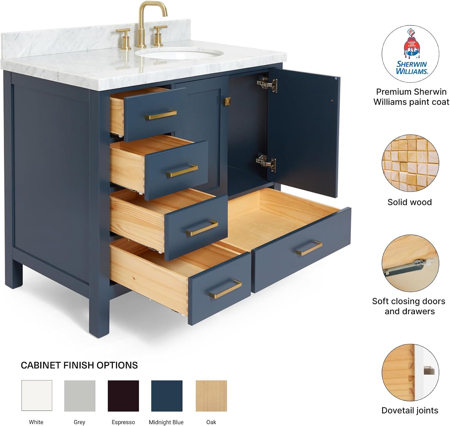 DKB Beckford 42-Inch Midnight Blue Bathroom Vanity with Single Right Oval Undermount Sink, 1.5-Inch Carrara Marble Countertop, 2 Soft-Closing Doors, 5 Dovetail Drawers, Solid Wood