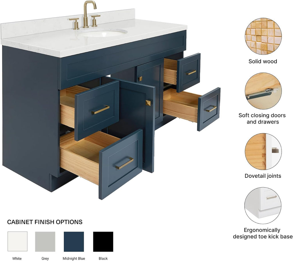 ARIEL Hamlet 60-inch Bathroom Vanity with Sink,Solid Wood, 1.5-inch Carrara White Quartz Countertop & Backsplash, Single Oval Porcelain Sink, 2 Soft Closing Doors, 4 Dovetail Drawers, Midnight Blue
