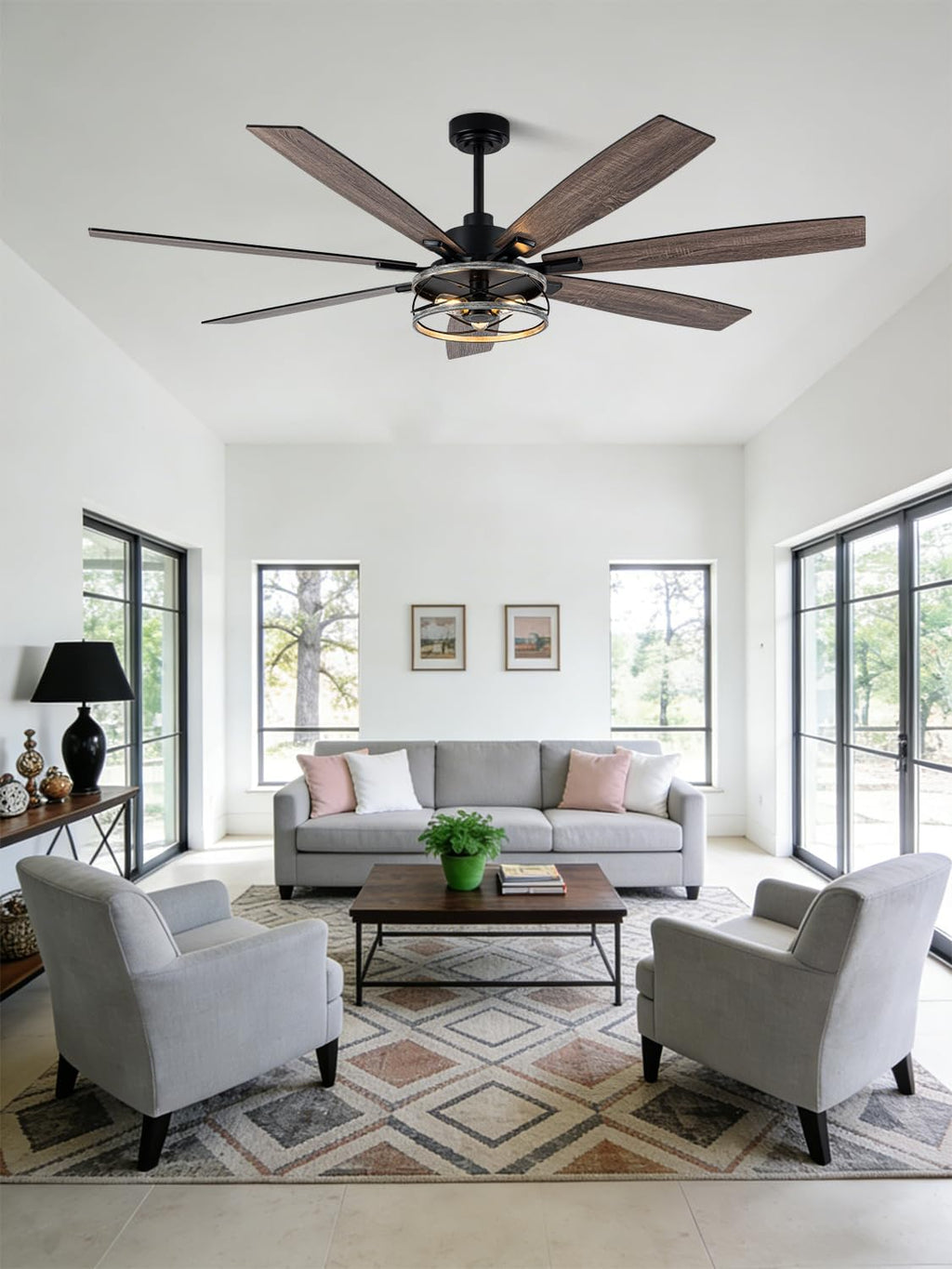 72' Ceiling Fan with Lights and Remote Control, Farmhouse Rustic Caged Ceiling Fan Light Fixture with Double Finish Wood Blades for Bedroom Living Room Kitchen